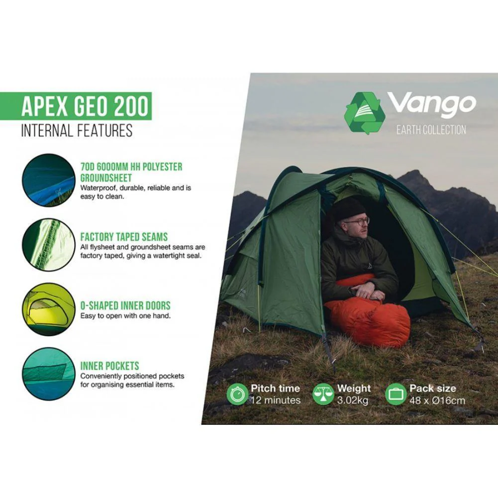 Vango Apex Geo 200 Tent - 2 Man Semi-Geodesic Trekking Tent (Pamir Green) - Image 4