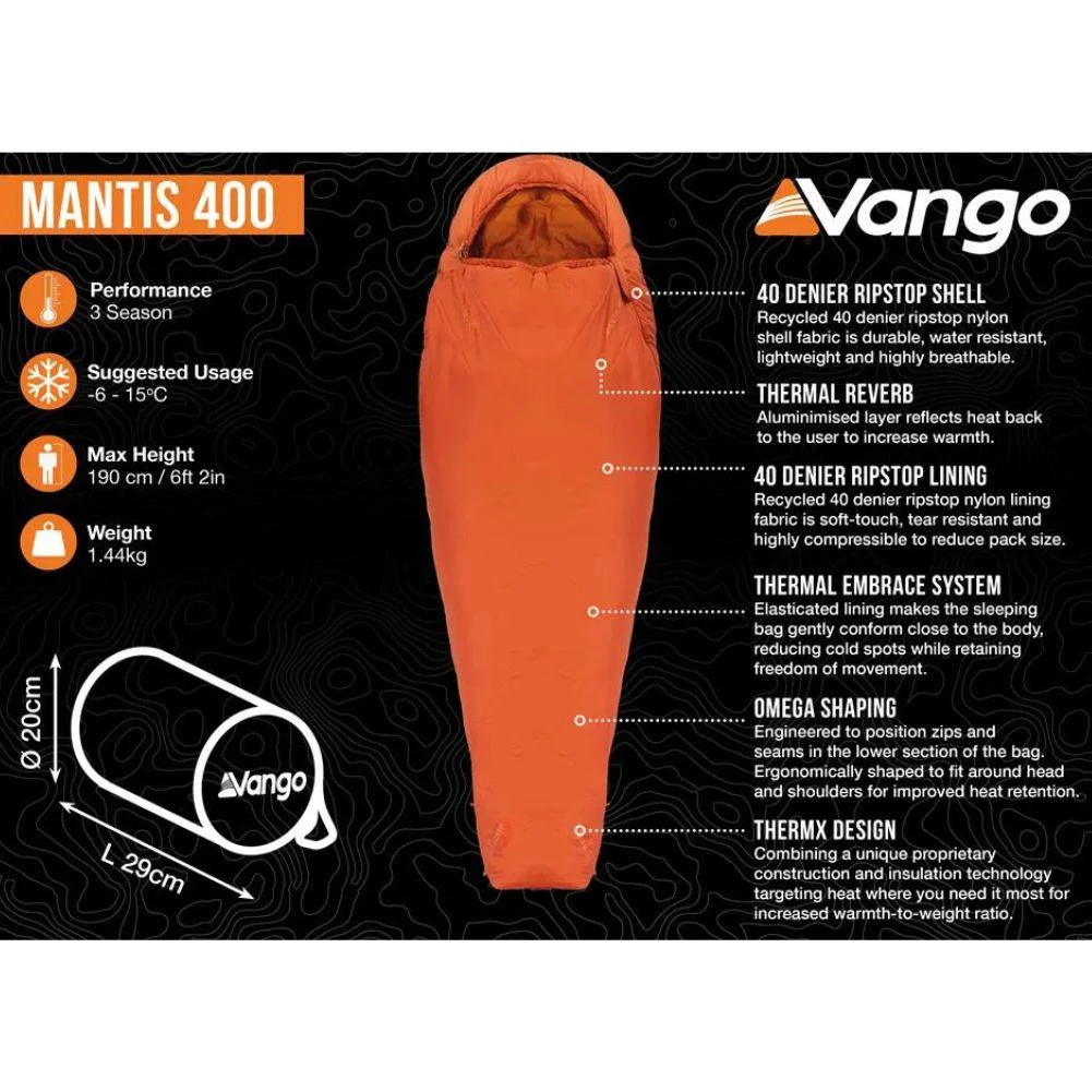 Vango Mantis 400 Lightweight Sleeping Bag (Harissa) - Image 2