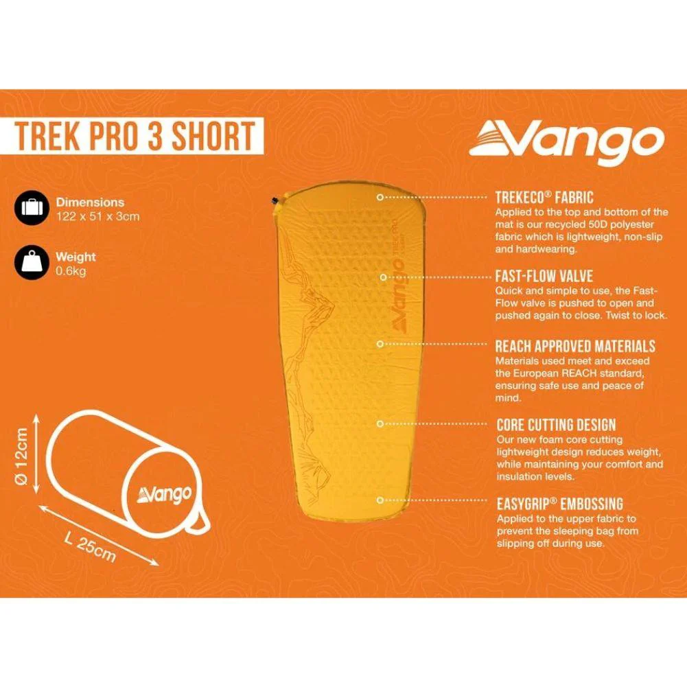 Vango Trek Pro 3 Short Self-Inflating Sleep Mat (Yellow Blaze) - Image 2